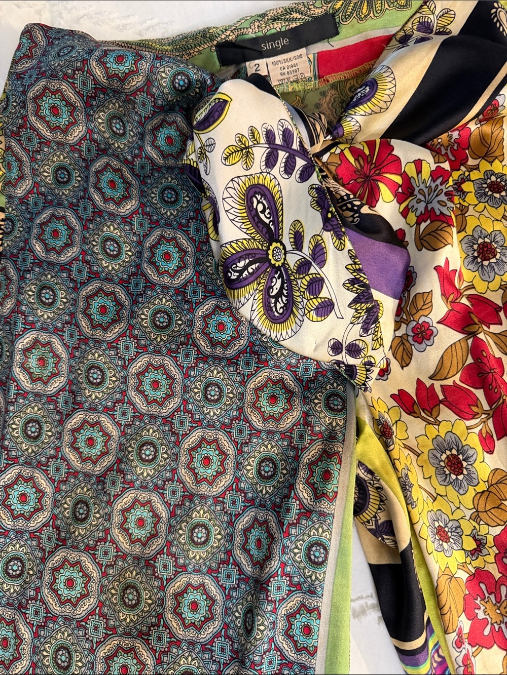 Single super sexy scarf tie pants.  Floral & Geometric silk